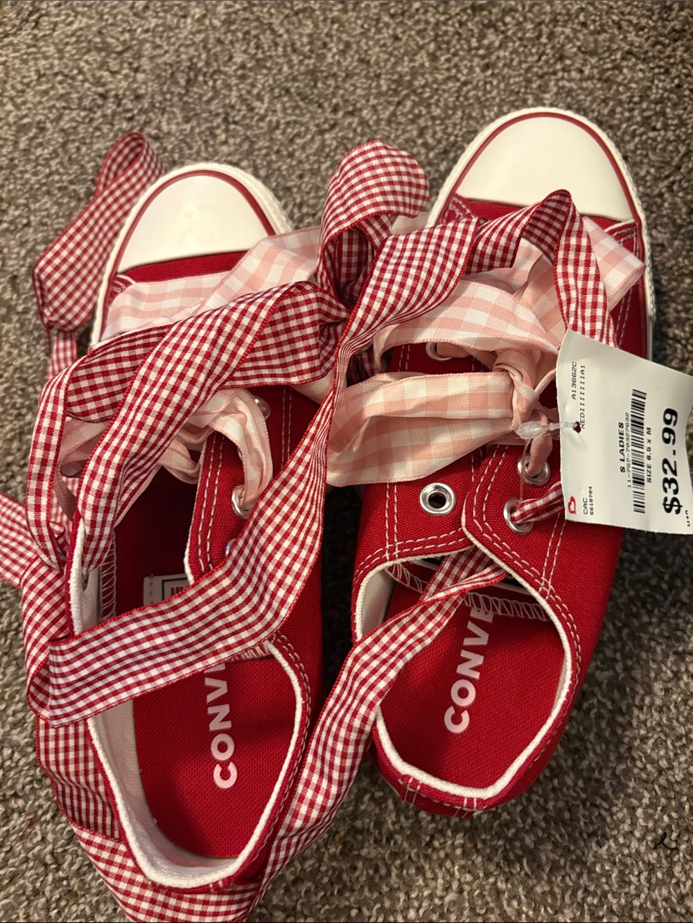 Converse Red Canvas Low-Top Sneakers with Pink Gingham Ribbon Laces